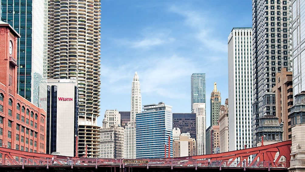 view of sky scrapers with bridge in chicago