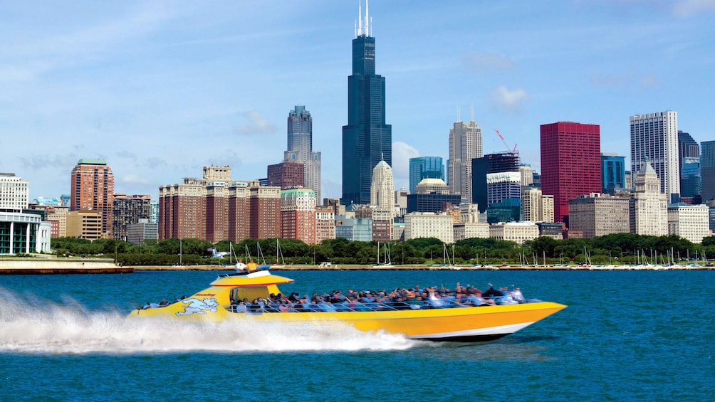 yellow speed boat on the lake in chicago 