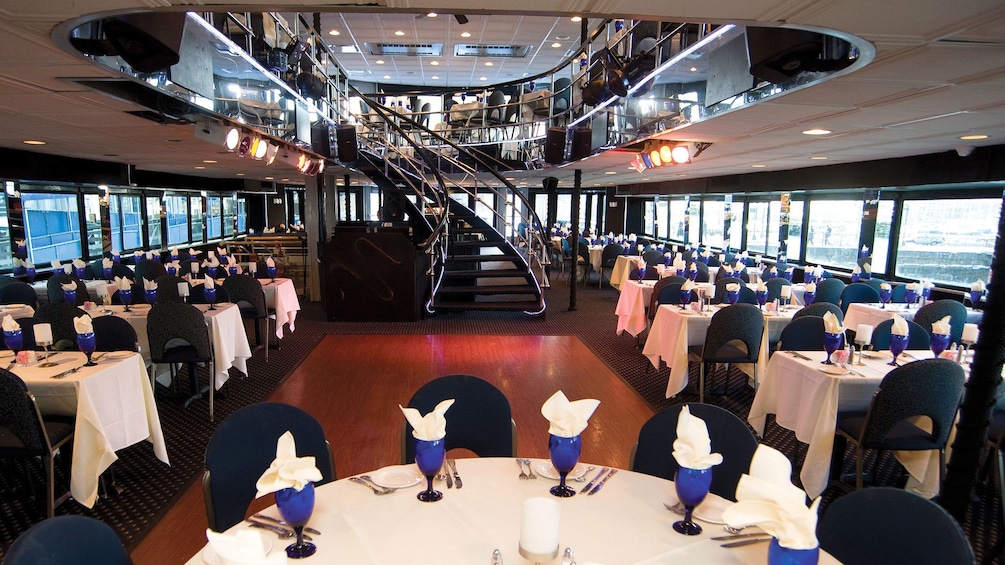 Bottom level of two-story dining area inside the Spirit of Boston cruise ship