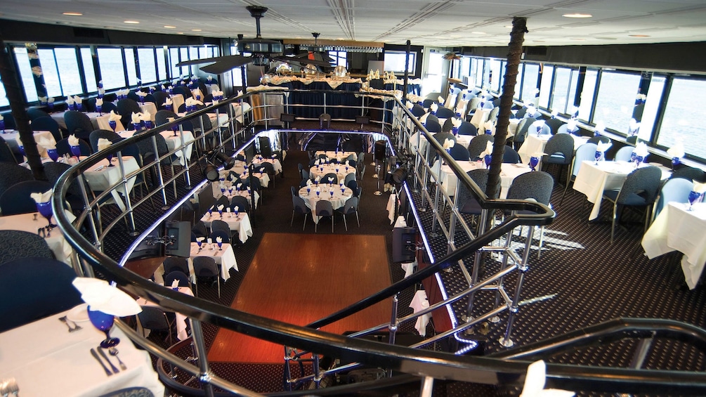 Two level dining area inside the Spirit of Boston cruise ship