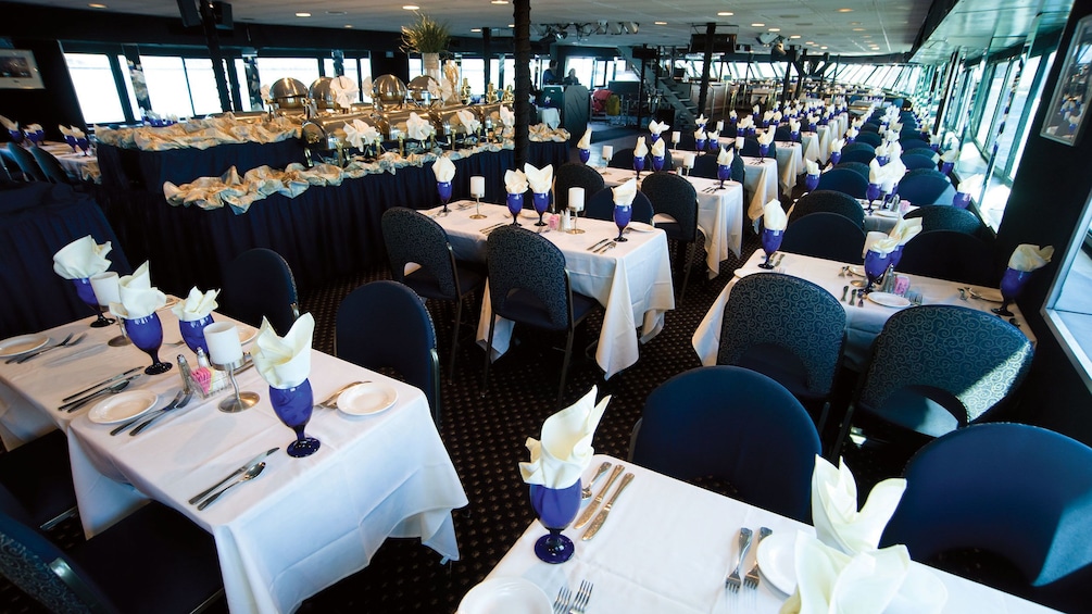 Interior dining room on the Spirit of Boston cruise ship
