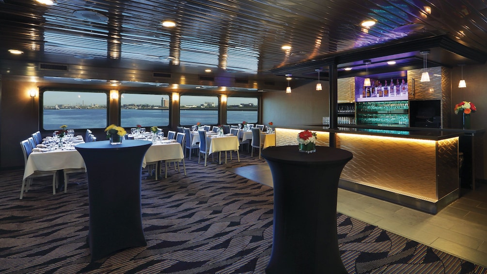Bar and tables onboard the dinner cruise ship in Boston