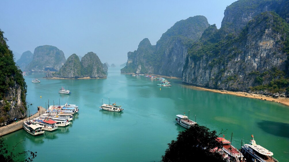 boats docked at the bay near the mountains in Vietnam