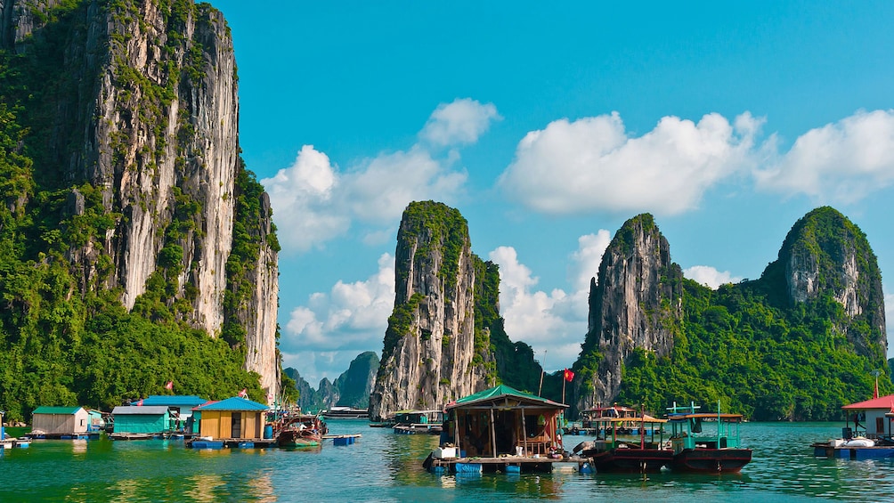 houseboats on the water in Vietnam
