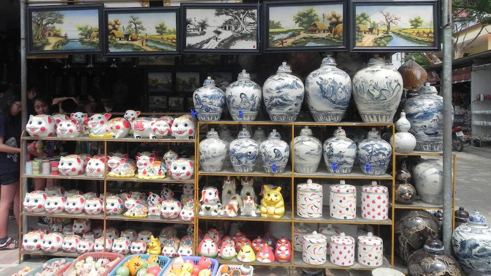 shelves of ceramic goods at the market in Vietnam