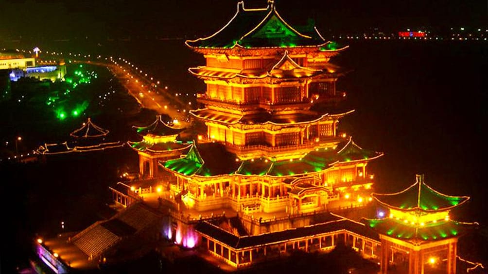 illuminated ornate building in xian