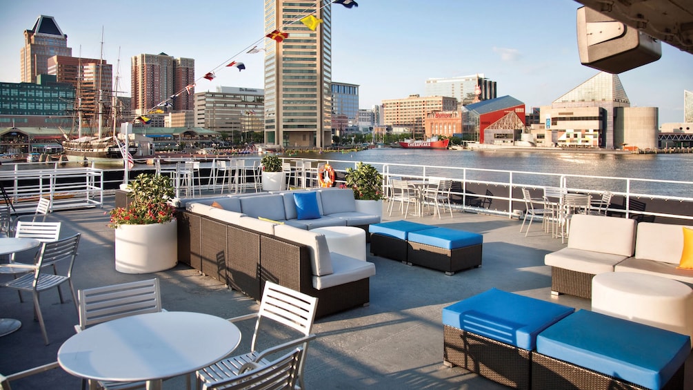 Rooftop view seating is available on the Spirit of Baltimore cruise ship