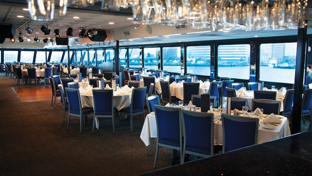Dining and seating area aboard the Spirit of Norfolk Dinner Cruise in Virginia 