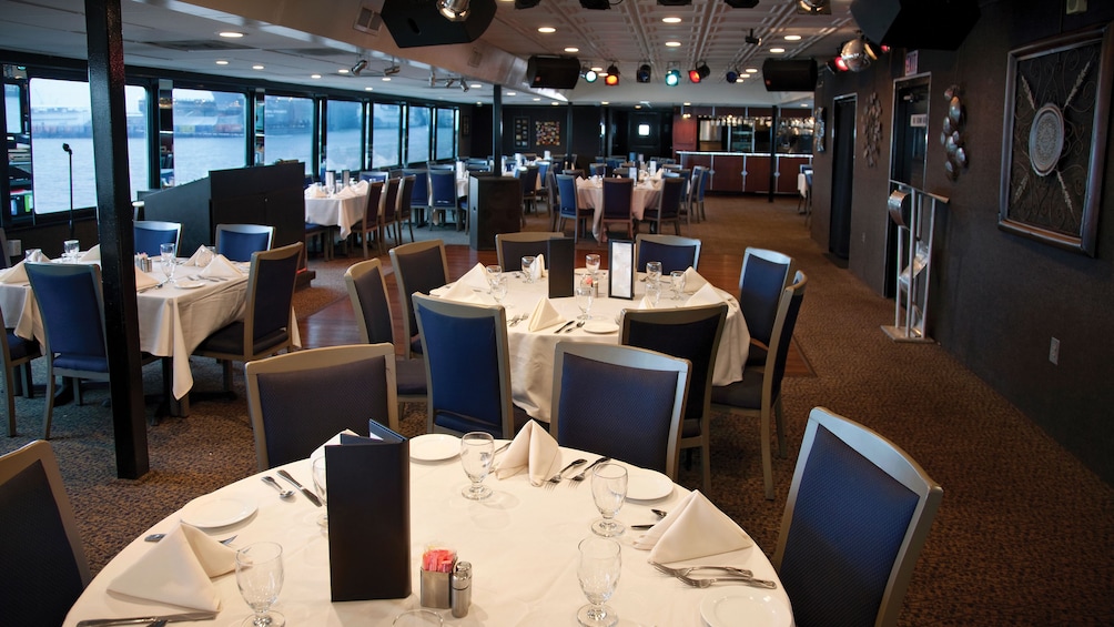 Dining area aboard the Spirit of Norfolk Dinner Cruise in Virginia 