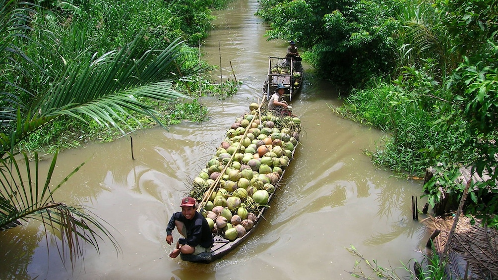 Boat cruising along the beautiful Mekong River in Vietnam transporting food