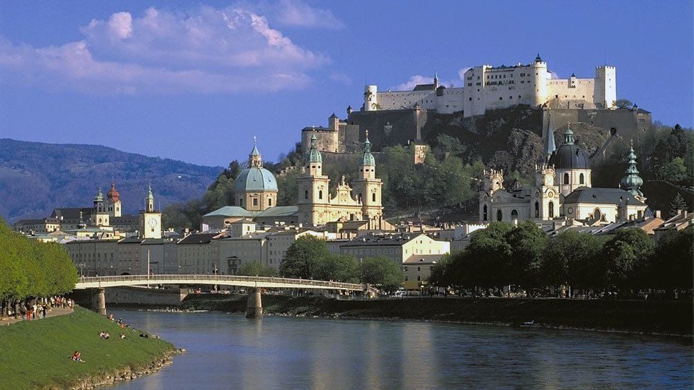 Salzach River with the city in the background in Salzburg