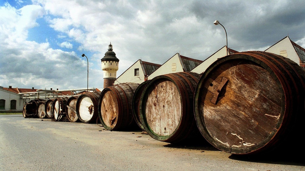 Large barrels outside a brewery in Prague