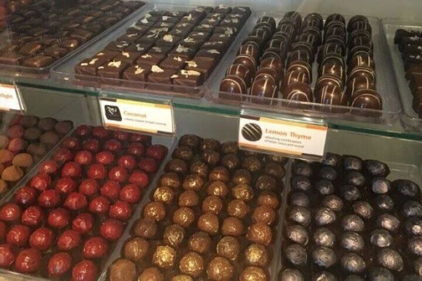80 handmade Belgium chocolates in house