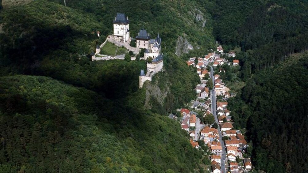 Aerial view of the Karlstejn Castle and town below in the Czech Republic