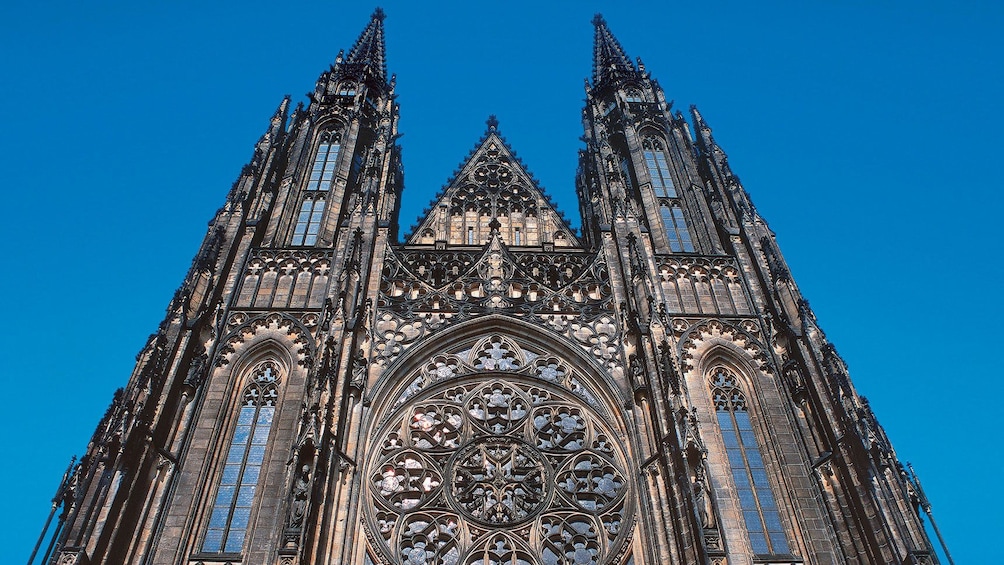 Looking up at the towers of St Vitus cathedral in Prague