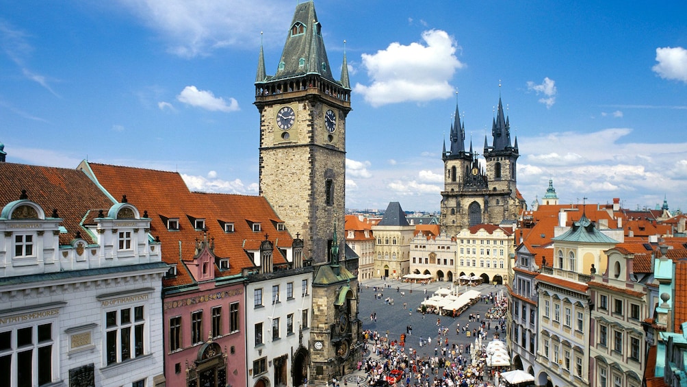 Castle complex with the castle, clock tower and St Vitus Cathedral in Prague