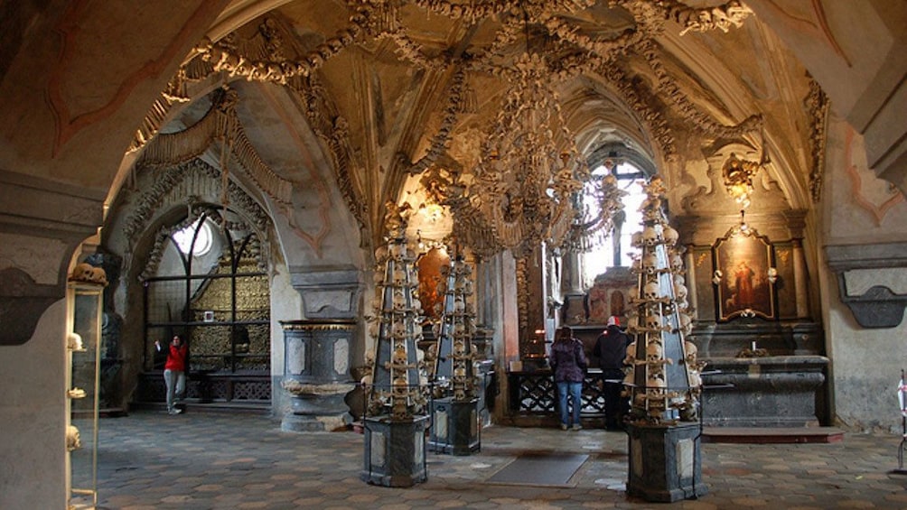 Skulls and bones decorate the interior of Sedlec Chapel in Kutna Hora