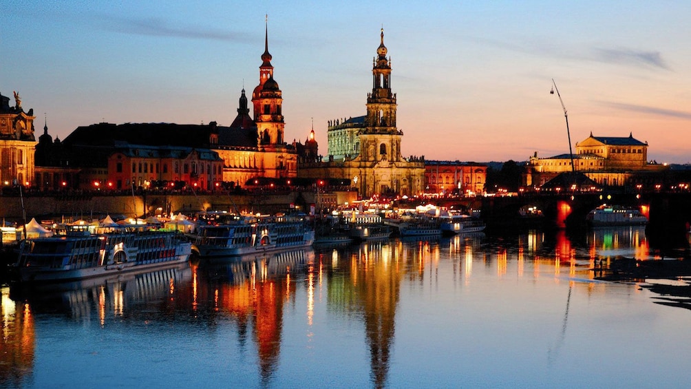 City along the river lit up at night in Dresden