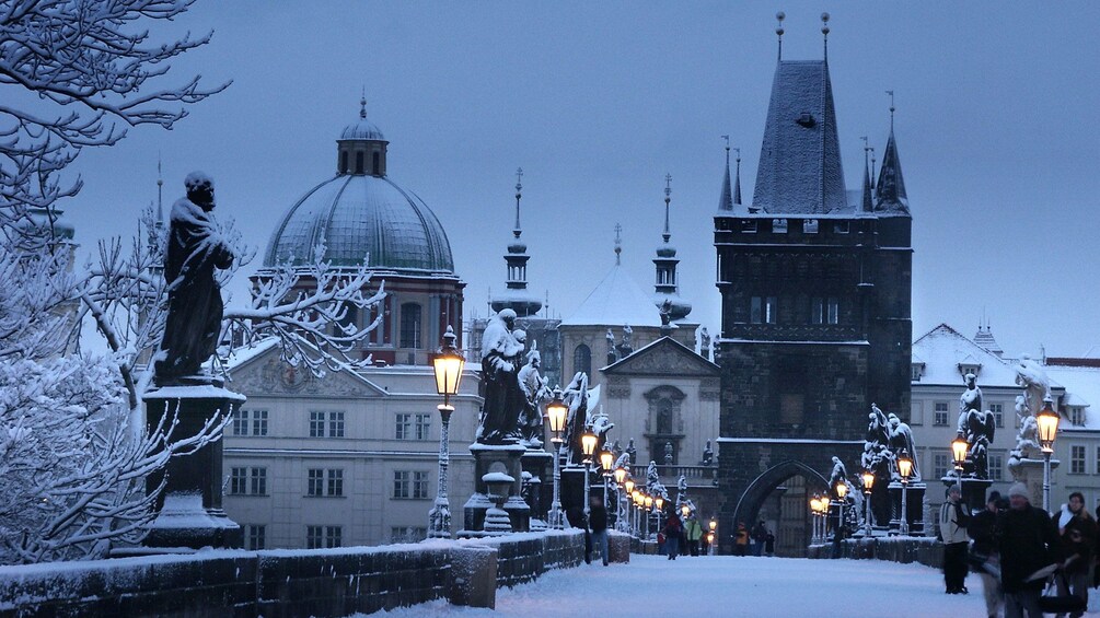 snowy city scene in prague