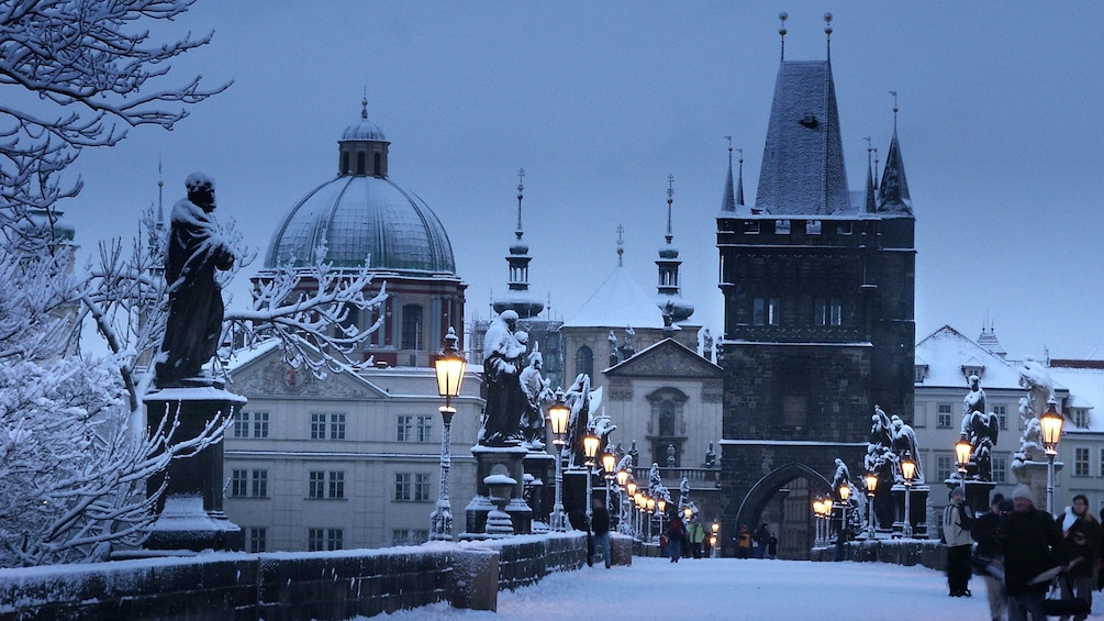 snowy city scene in prague