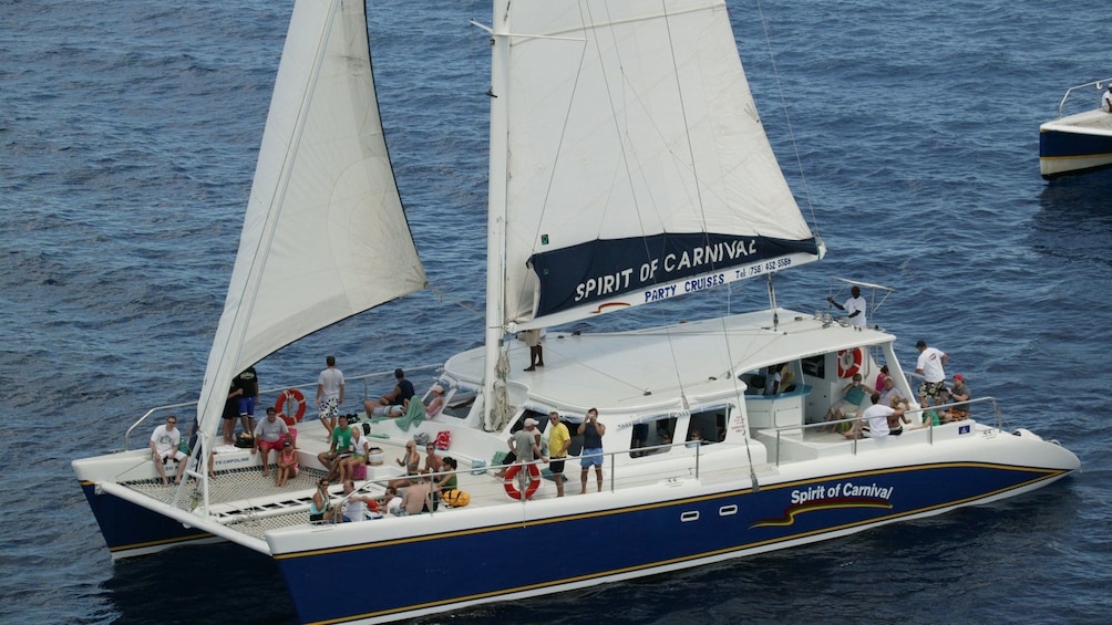 Large catamaran with passengers off the cost of St Lucia