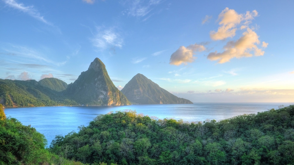 Looking out at the Pitons volcanic spires rising above the sea in St Lucia