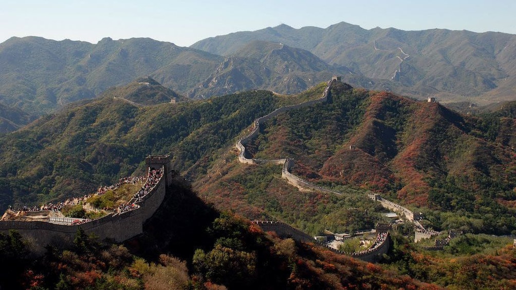 The Great wall stretching across the mountainous landscape in China