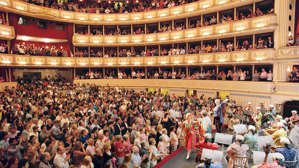 Audience gives a standing ovation for an orchestral performance in a large music hall in Vienna