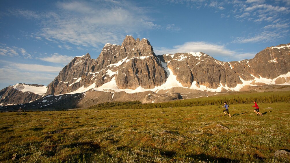Couple running through an open grass field with Maligne Canyon in the background