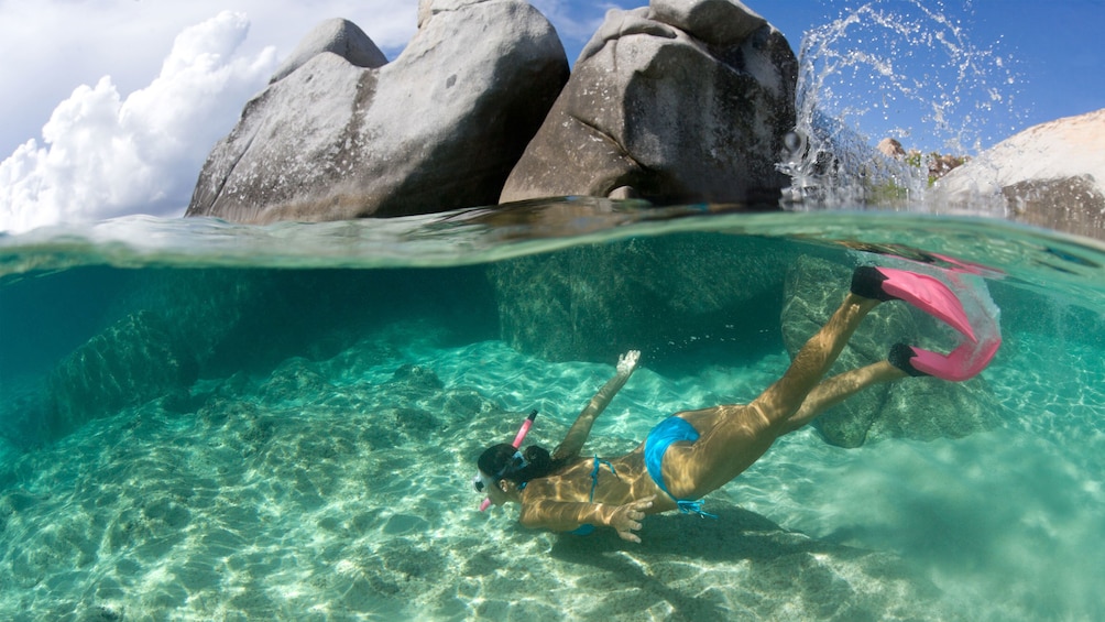 Snorkeling woman dives under the surface in St Kitts