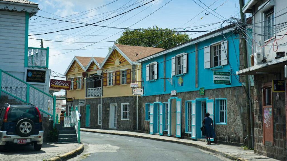 Colorful buildings in the center of town on Nevis Island