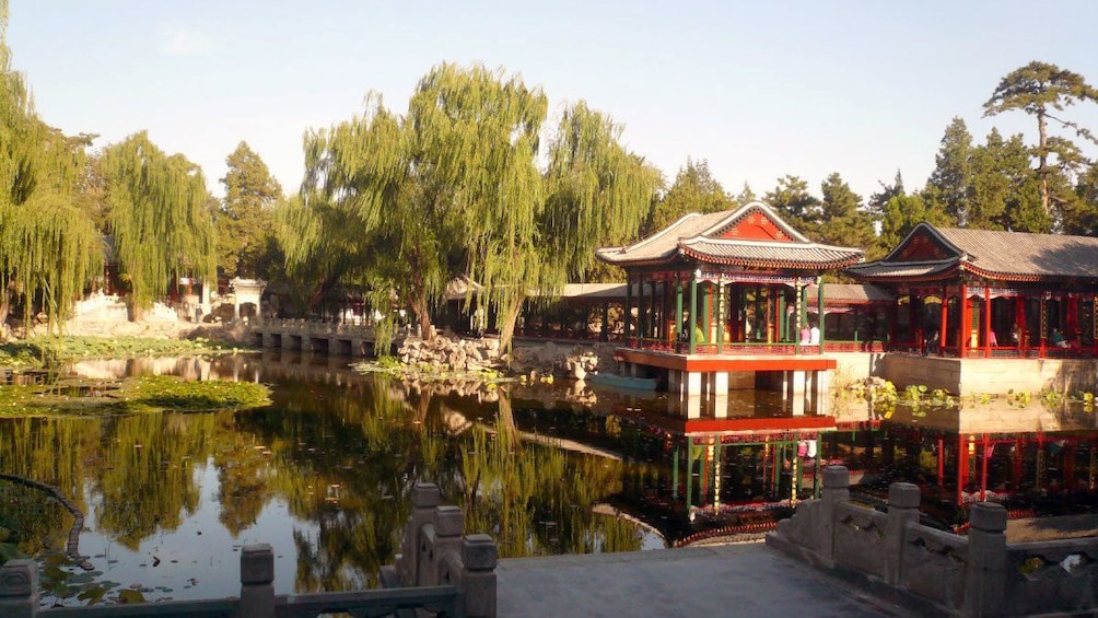 Historic structures around a still pond in Beijing