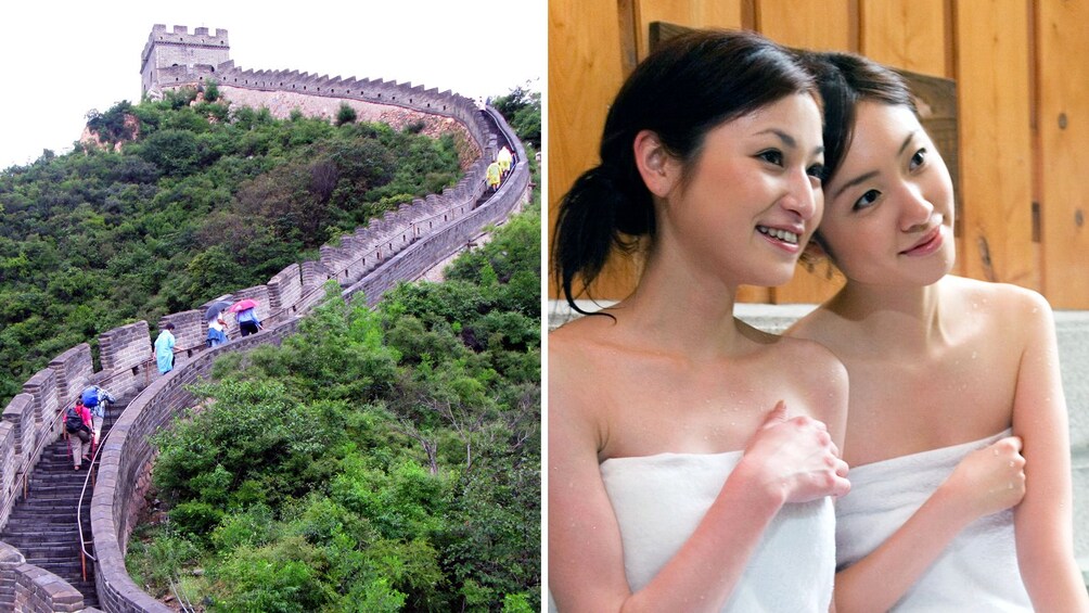 Show item 1 of 7. Combo image of Great wall of China and woman enjoying Jiuhua Spa