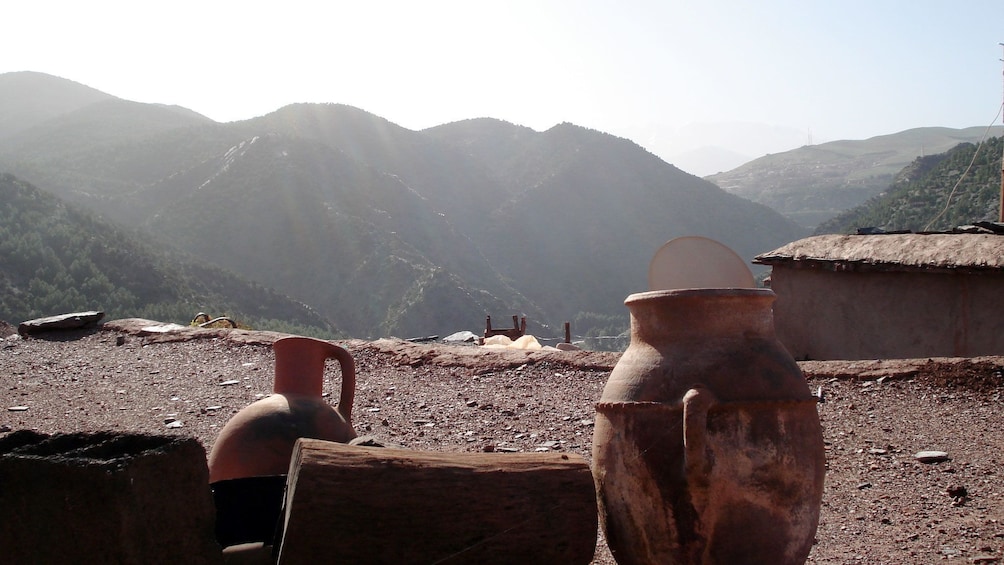 Pottery in a Berber Village with a view of the mountains in Marrakech