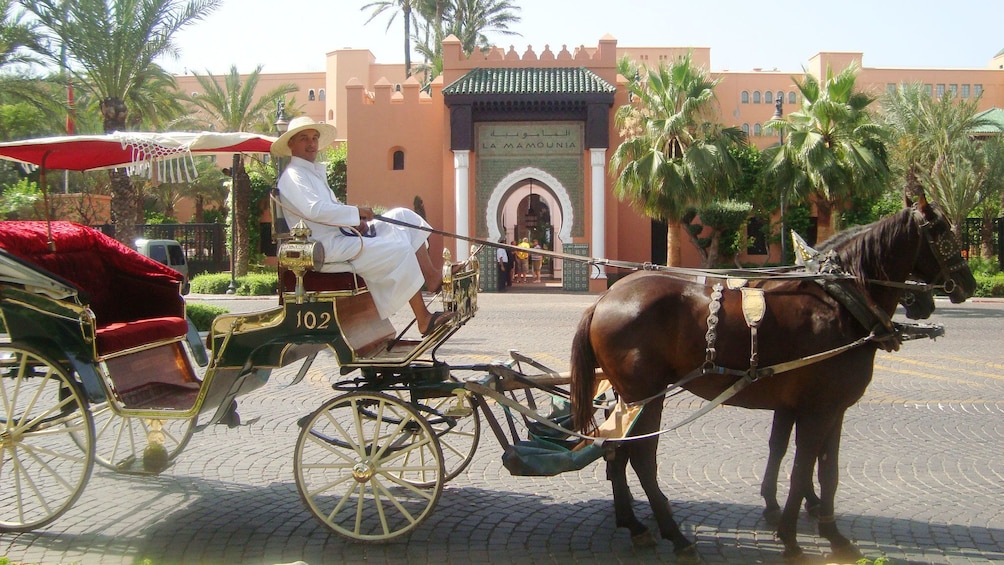 Horse-drawn carriage in front of a hotel in Marrakech