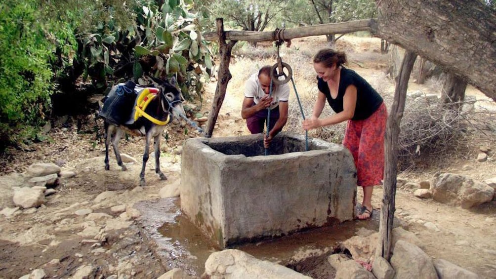 Couple collecting water from a well with a donkey in a village near Marrakech
