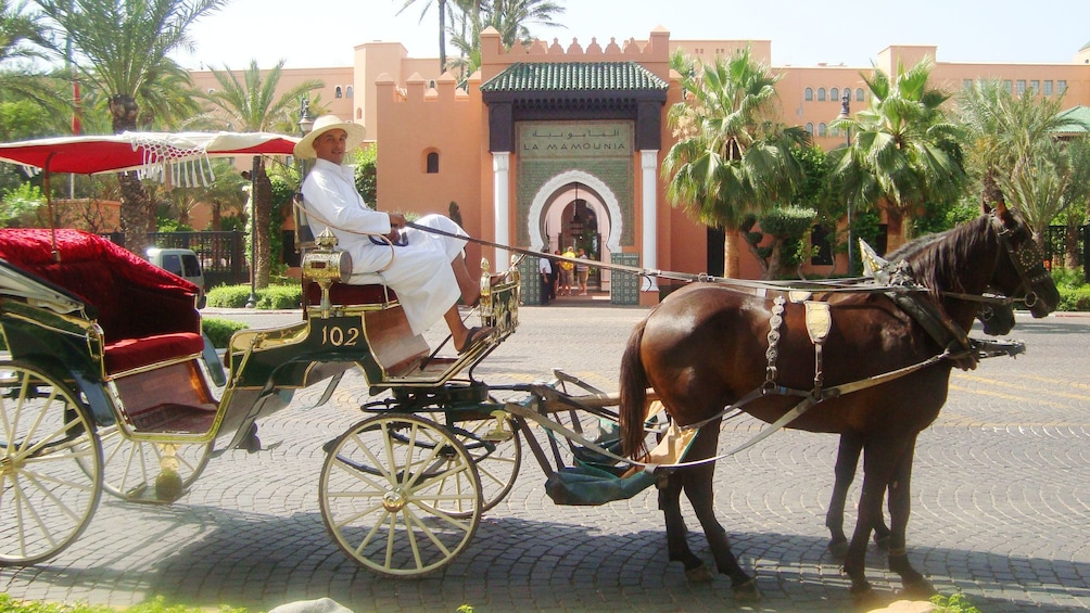 Horse-drawn carriage outside a hotel in Marrakech