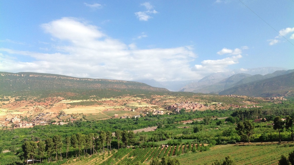 Farmland and villages in the foothills of the Atlas Mountains in Marrakech