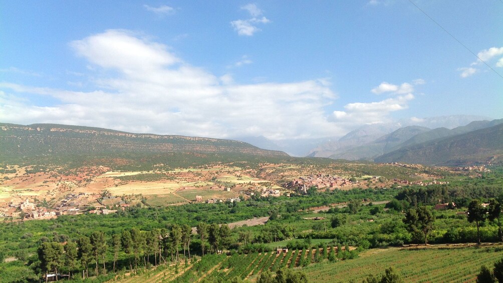 Farmland and villages in the foothills of the Atlas Mountains in Marrakech