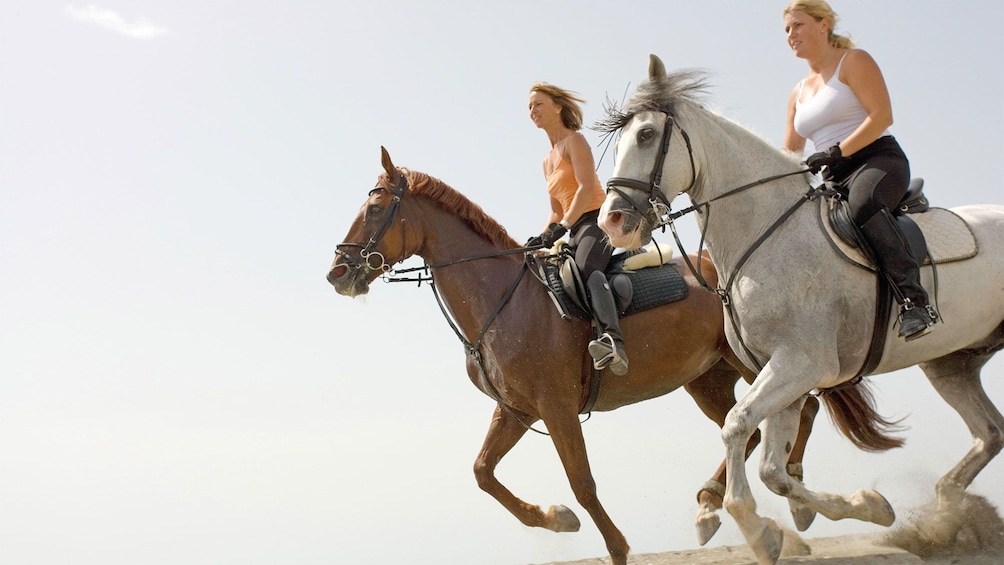 Horseback riding pair of women on the sand in Marrakech