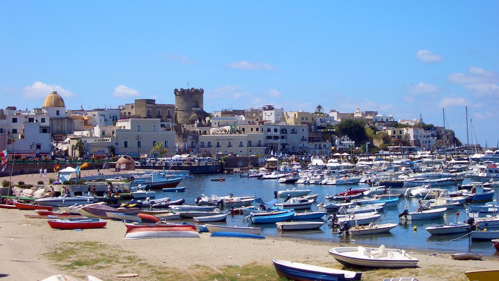 Anchored boats in the crowded harbor of Ischia with the city in the background