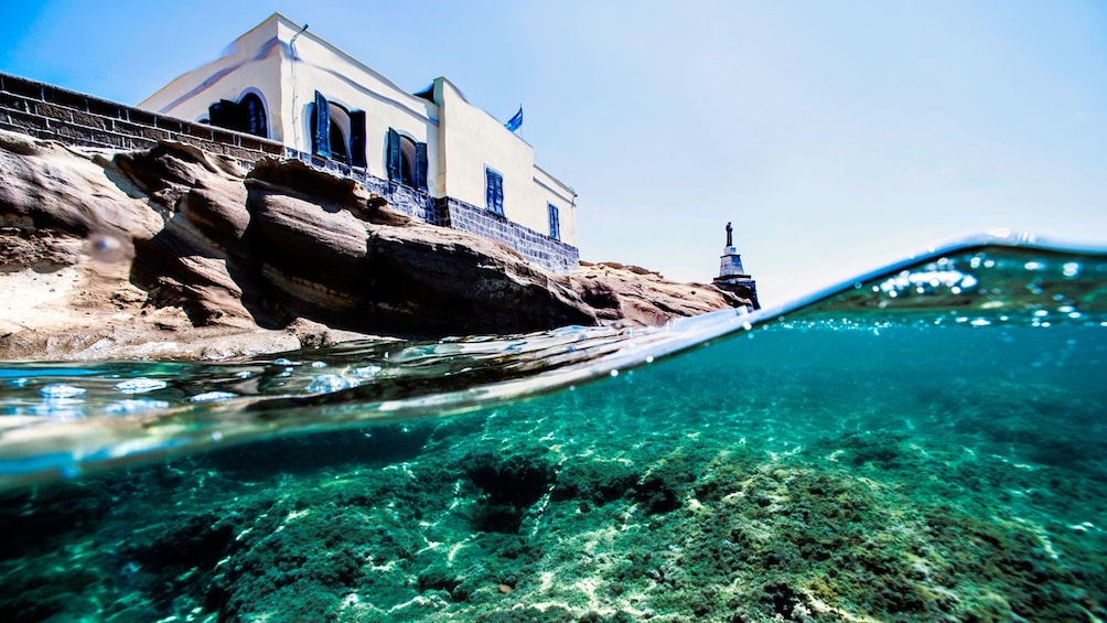 View from the water looking up at the villa on Gaiola Island