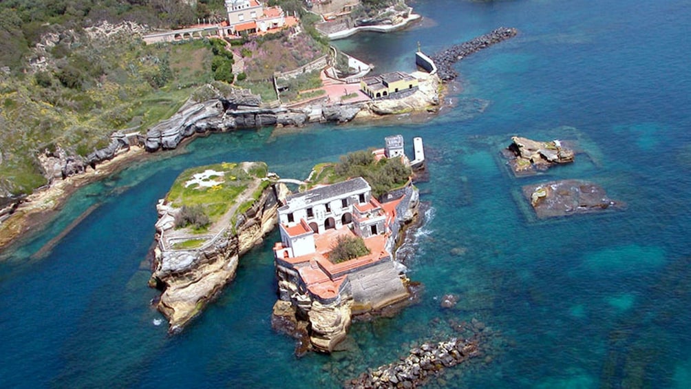 Aerial view of the small island of Gaiola just off the coast in Naples