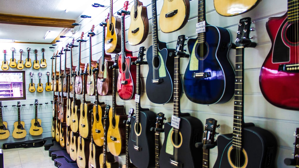 Guitars seen on display while on a tour of Mandaue