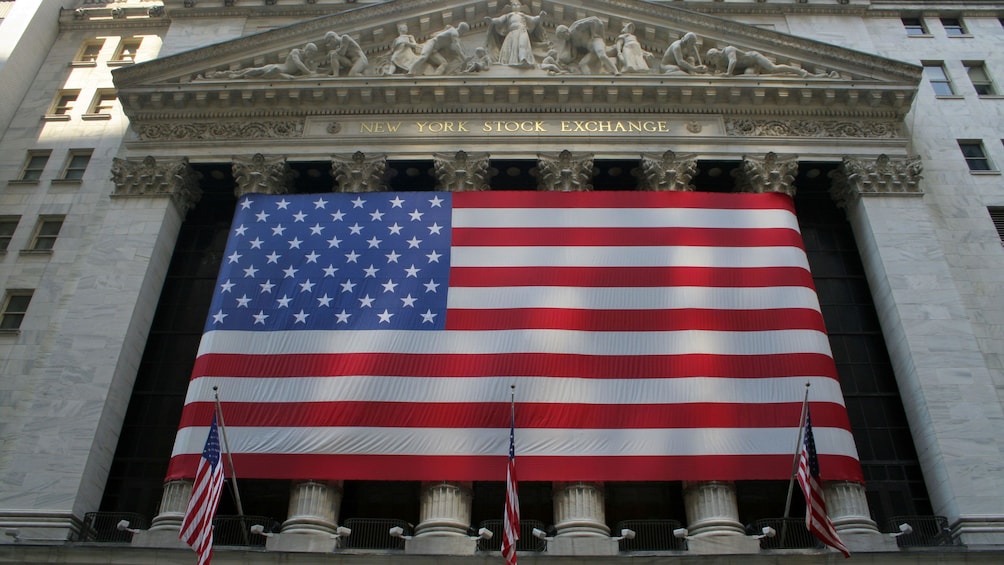 New York Stock Exchange building with American flag