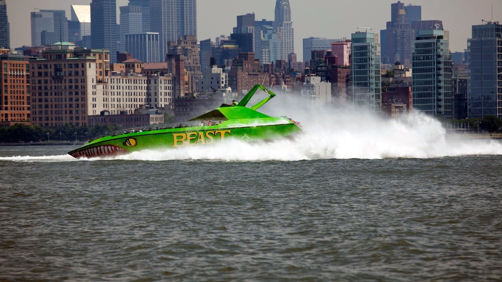 Beast Speedboat with city in the background in New York