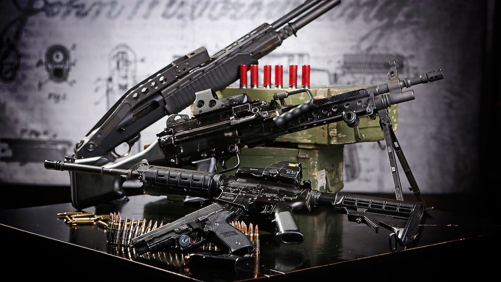 Guns on display at the shooting range in Las Vegas