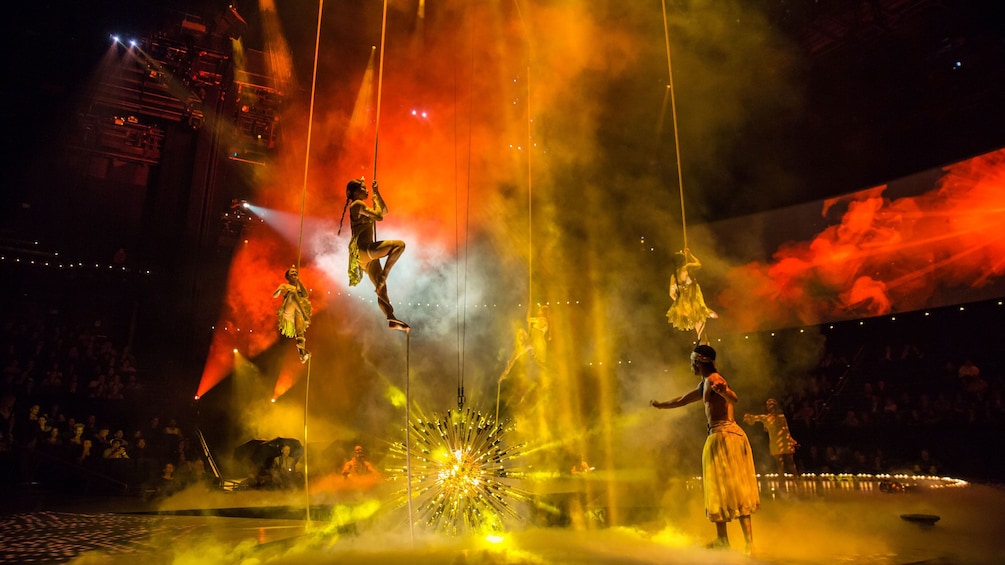 Performers rise into the air during The Beatles® LOVE by Cirque du Soleil® in Las Vegas