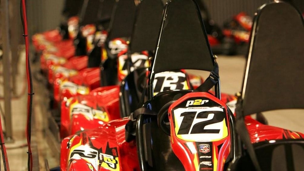 Close up image of the Go Karts lined up inside the raceway in Las Vegas Nevada