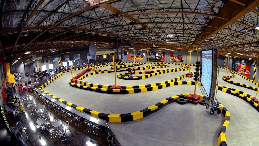 Wide angle view of the Indoor Go Karts raceway in Las Vegas Nevada